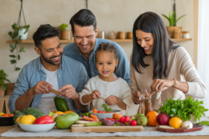 Happy family cooking and enjoying a healthy meal together
