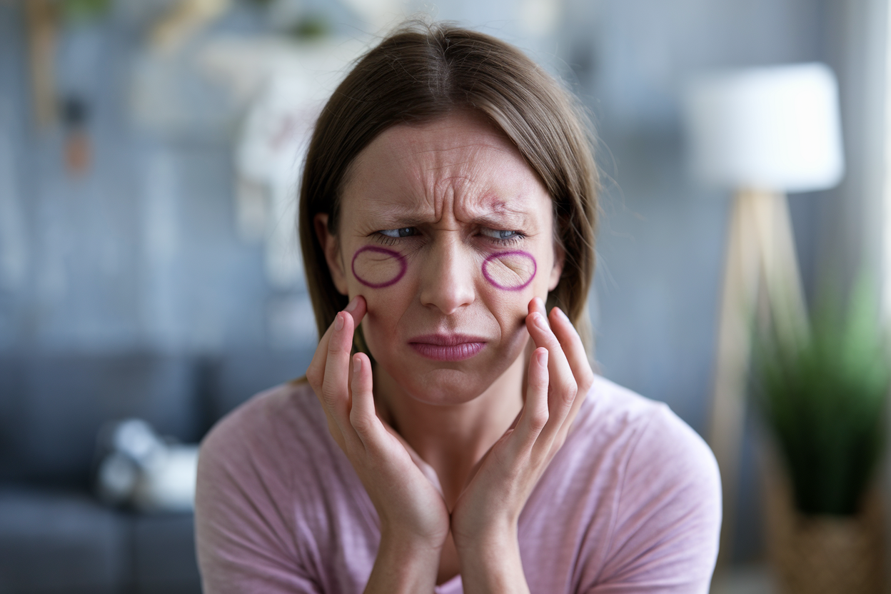 A mother with sleep deprivation, purple circles under her eyes, and a strained expression.