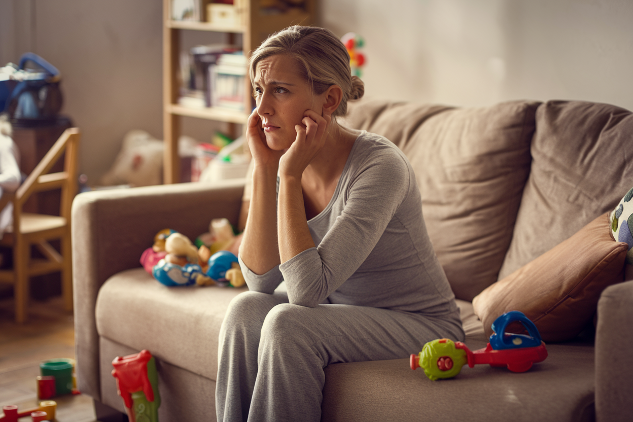 Mother sitting on a couch, looking thoughtful and slightly guilty, in a cozy living room with toys scattered around.