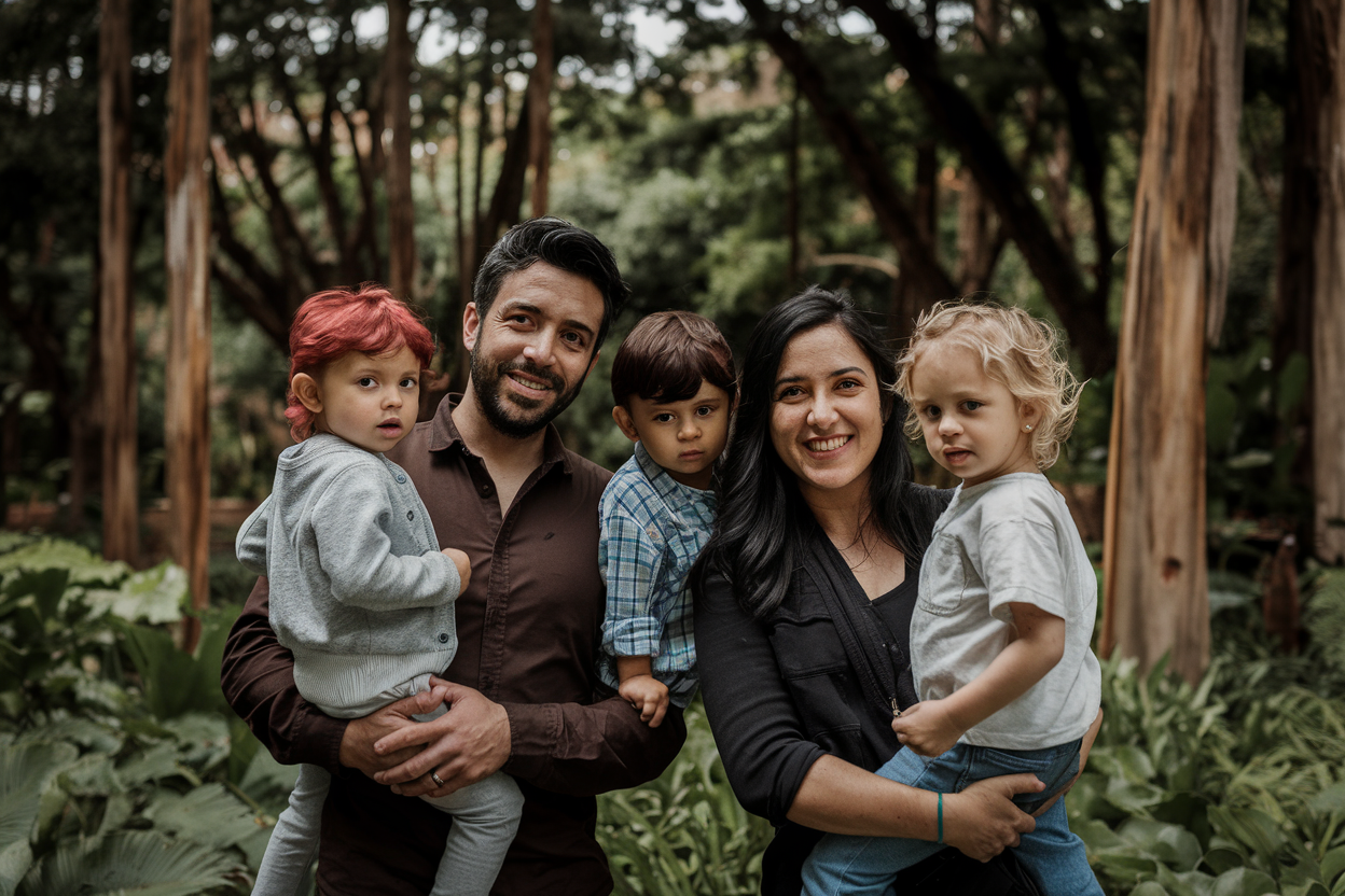 A family with diverse appearances in a lush forest