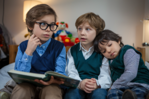 A scene of children in a bedroom discussing deep questions before bedtime