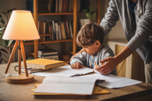 A child struggling with homework at a cozy home setting with a supportive parent nearby.