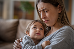 A chronically tired mother holding her child in a living room
