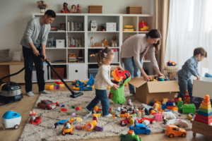 A family cleaning up a room filled with toys, showcasing chaos and fun.