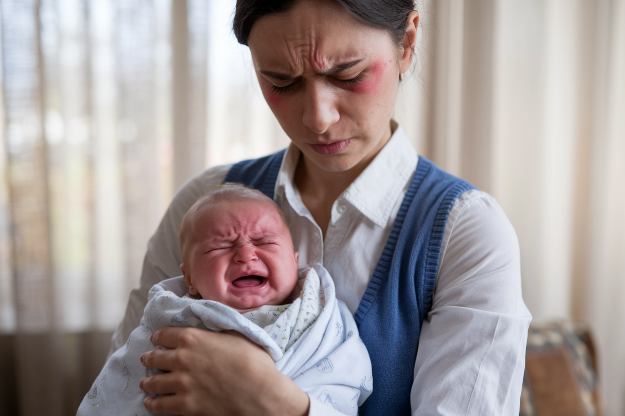 A tired mother holding a crying baby, representing the challenges of parenting.