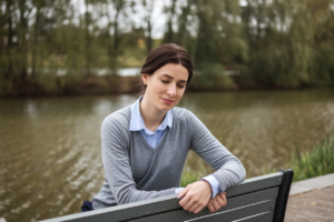 A serene image of a woman sitting on a bench near water, representing finding time for oneself.