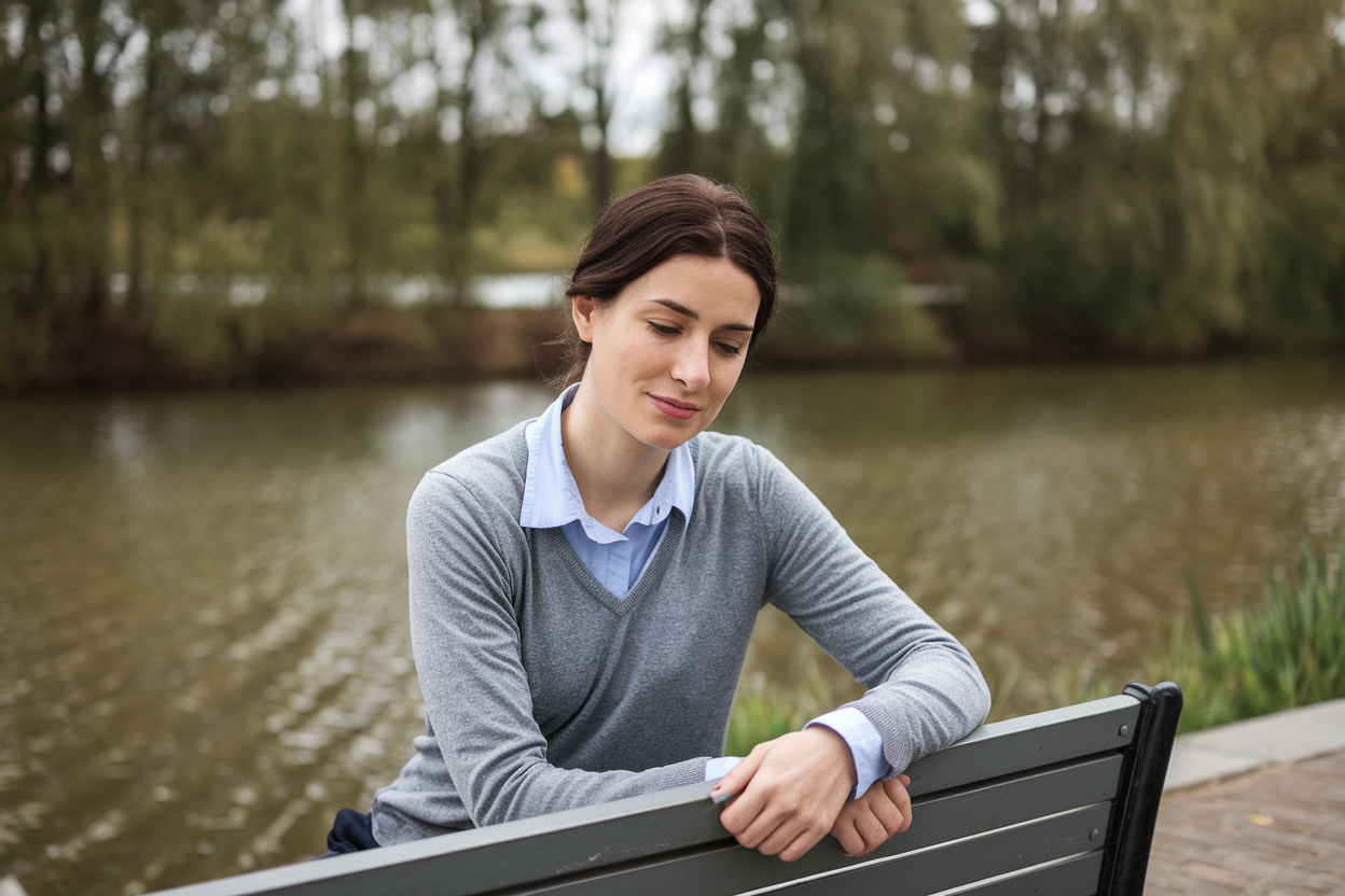 A serene image of a woman sitting on a bench near water, representing finding time for oneself.