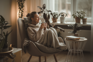 A cozy room with a woman enjoying me-time and self-care