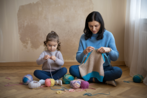 A mother and daughter enjoying knitting together, surrounded by colorful yarn.