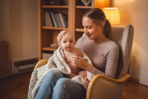 A mother rocking her baby while sitting on one buttcheek, cozy and warm lighting