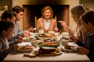 A warm and cozy family dinner scene with a mother eating last