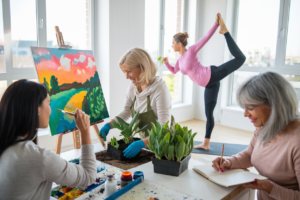 Mothers engaging in hobbies like painting, gardening, yoga, and writing