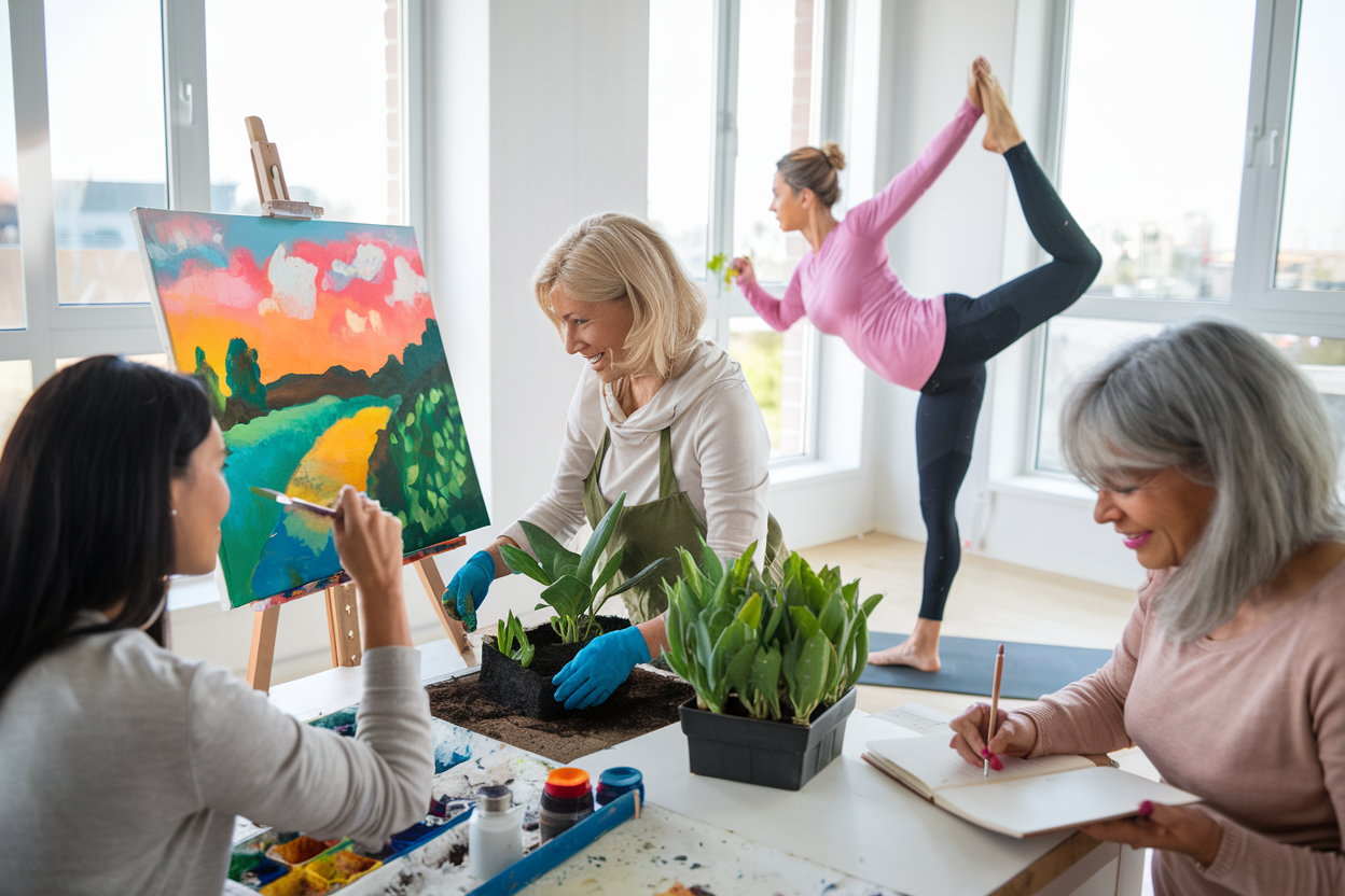 Mothers engaging in hobbies like painting, gardening, yoga, and writing