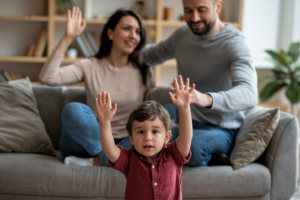 A family in a cozy living room setting, depicting parenting dilemmas and balance.