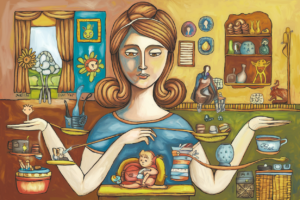 Artistic representation of a serene mother balancing tasks, symbolizing perfectionism in motherhood