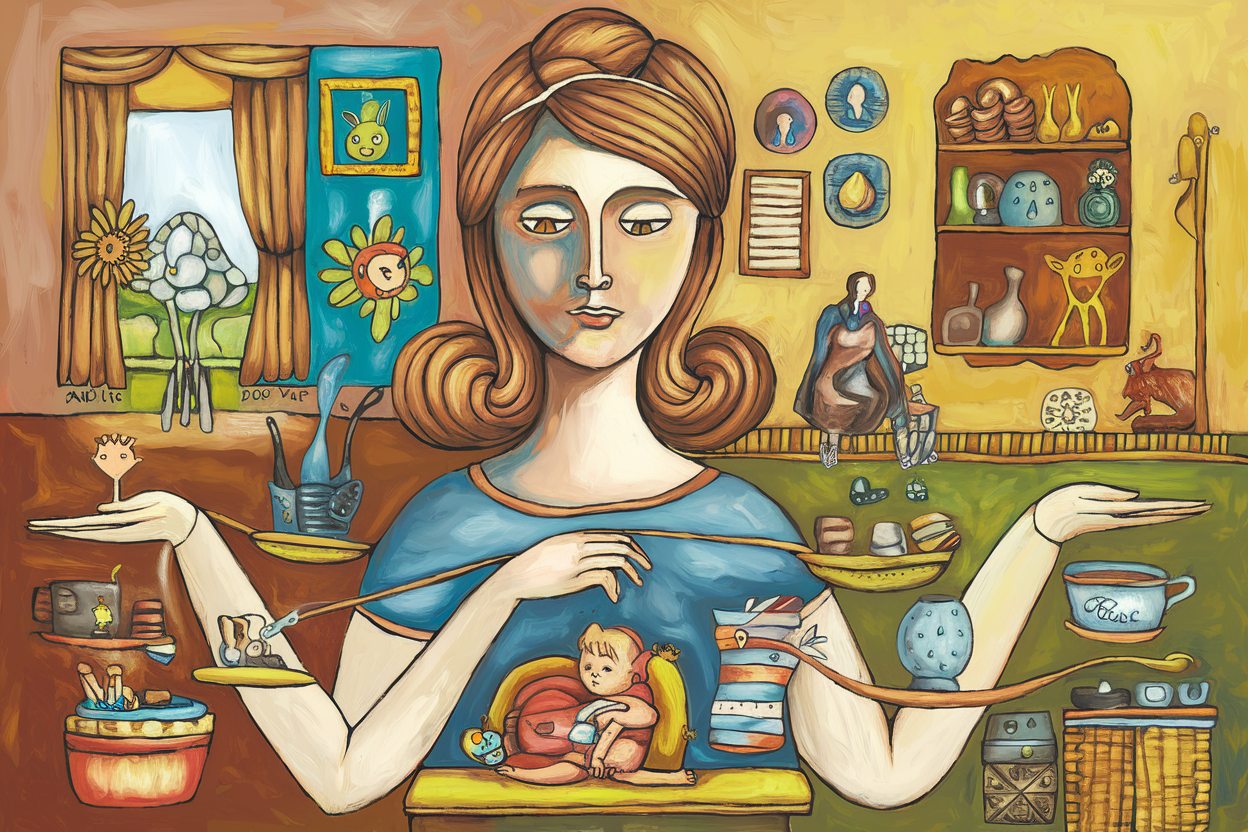 Artistic representation of a serene mother balancing tasks, symbolizing perfectionism in motherhood