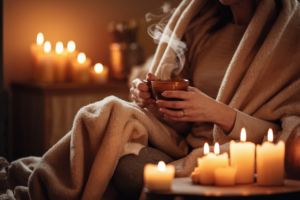A cozy image of a mother taking a self-care moment, sitting with a blanket and tea in a warm room with candles.