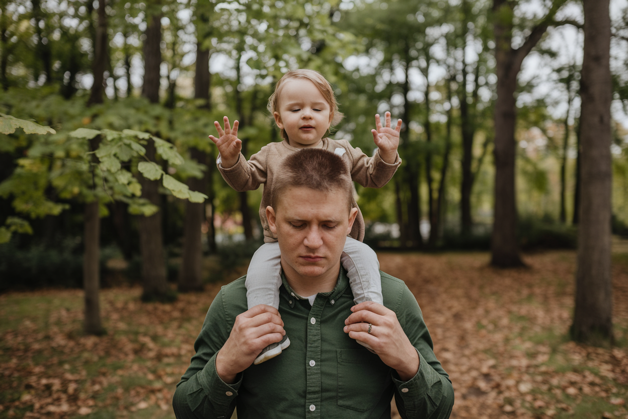 A father holding a toddler on his shoulders in a forest, representing parenting challenges and emotional growth.
