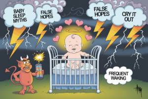 Illustration of baby sleep myths and false hopes