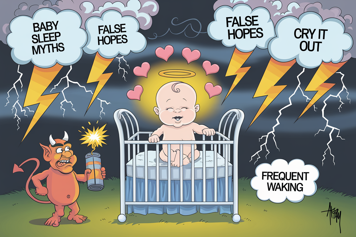 Illustration of baby sleep myths and false hopes